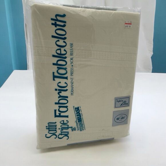 NOS Satin Stripe Fabric Cream Tablecloth NIP 100% Textured Polyster 60 x 84 Oval - Picture 1 of 12